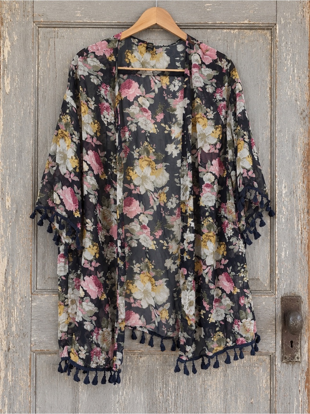 Floral Sheer Kimono Cover-Up in Black with Pink & Yellow Blooms